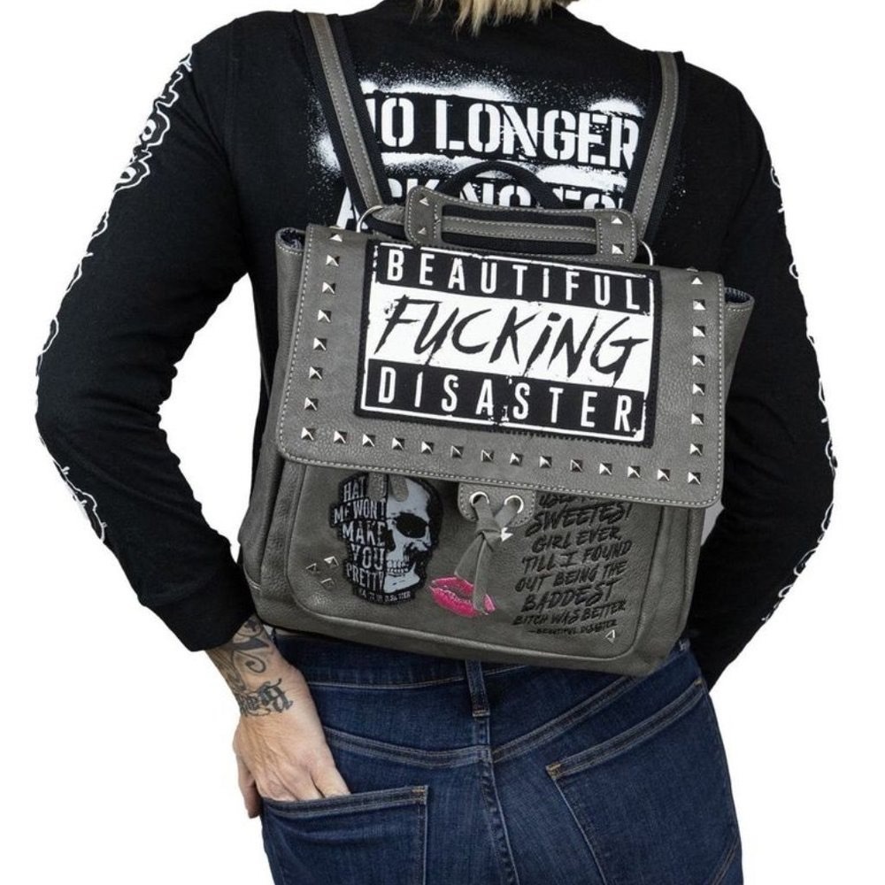 Beautiful Disaster Grey Studded Convertible Backpack Crossbody Bag Skull Punk